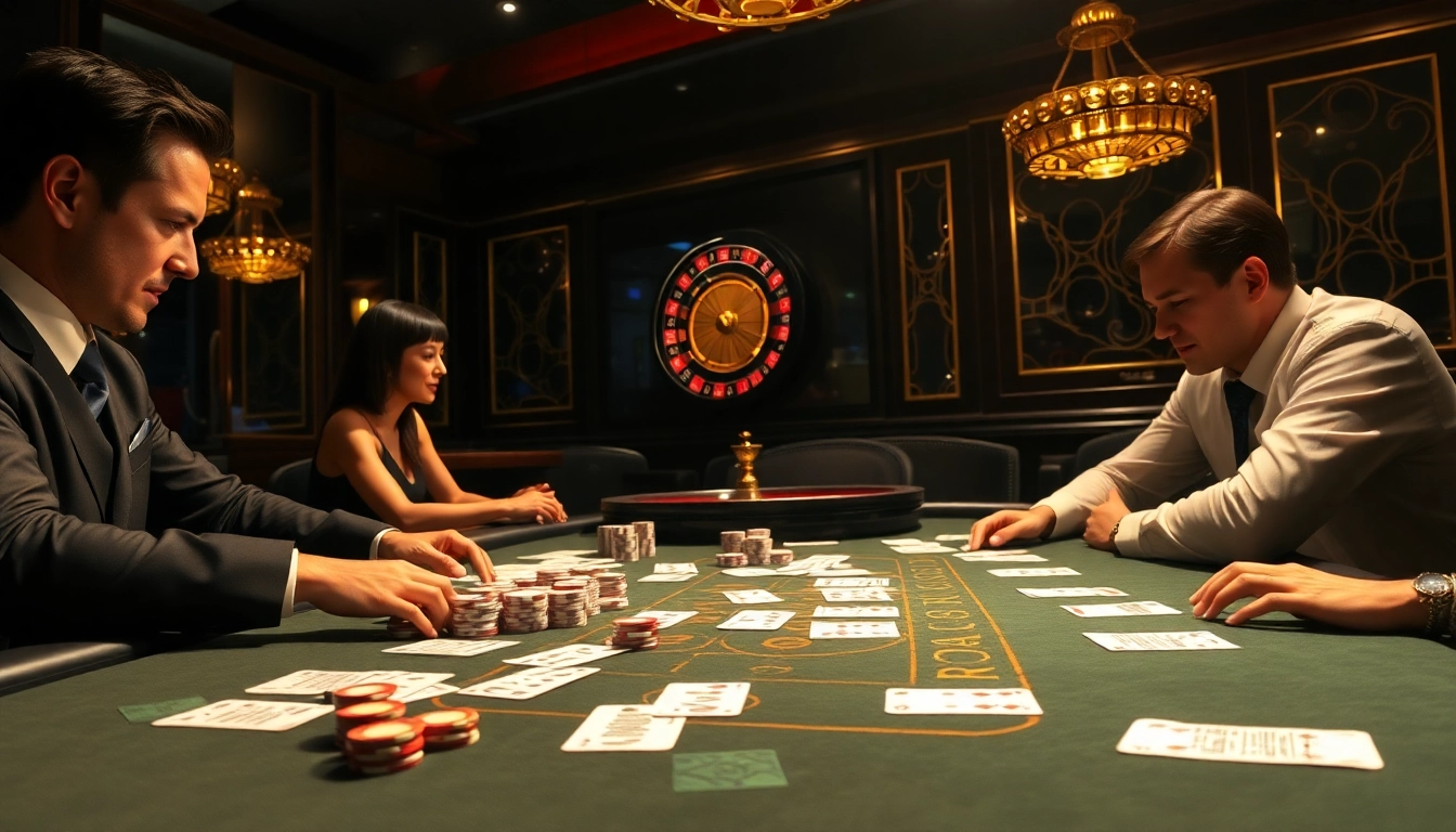SODO CASINO gaming action with poker players at a luxurious table featuring cards and chips.
