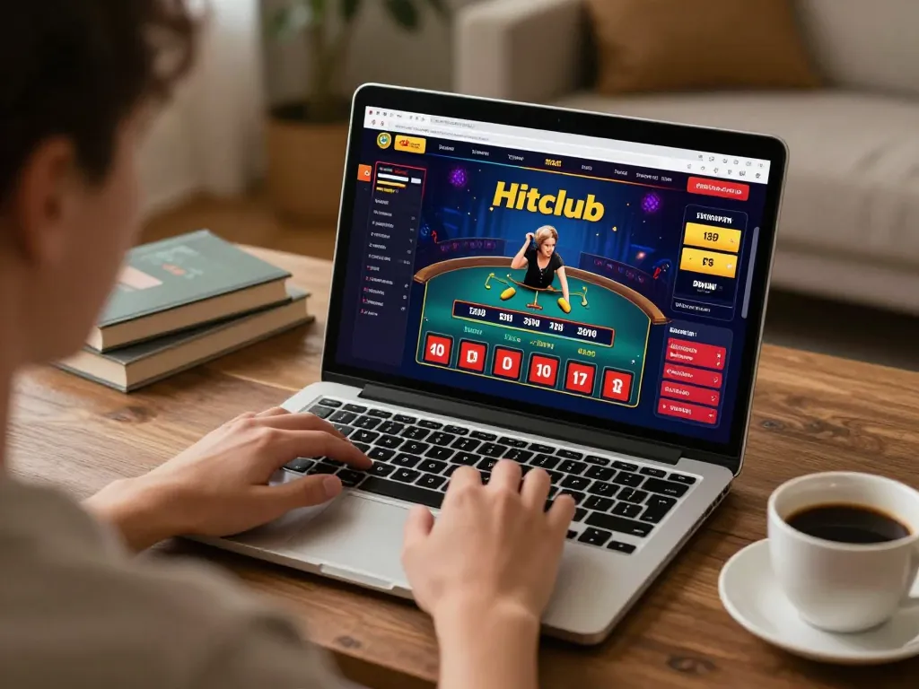 Player engaging with Hitclub online casino interface on laptop, emphasizing strategic gameplay
