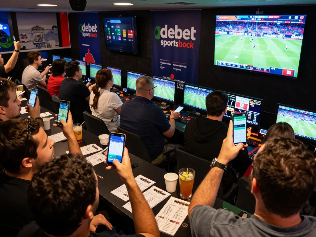 Fans engaging with the debet sportsbook, excitedly placing bets during a live sports event