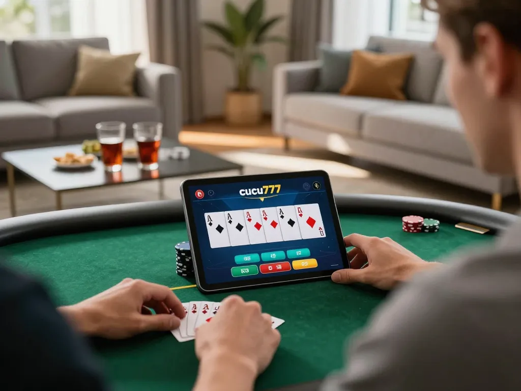 Cucu777 player strategizing over online poker game in cozy living room setting