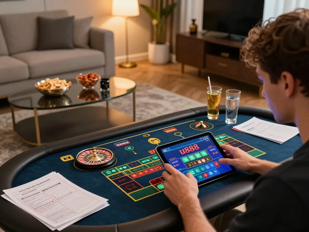 Player engaging in u888 online roulette game, focused on tablet interface with vibrant visuals, cozy yet strategic atmosphere.