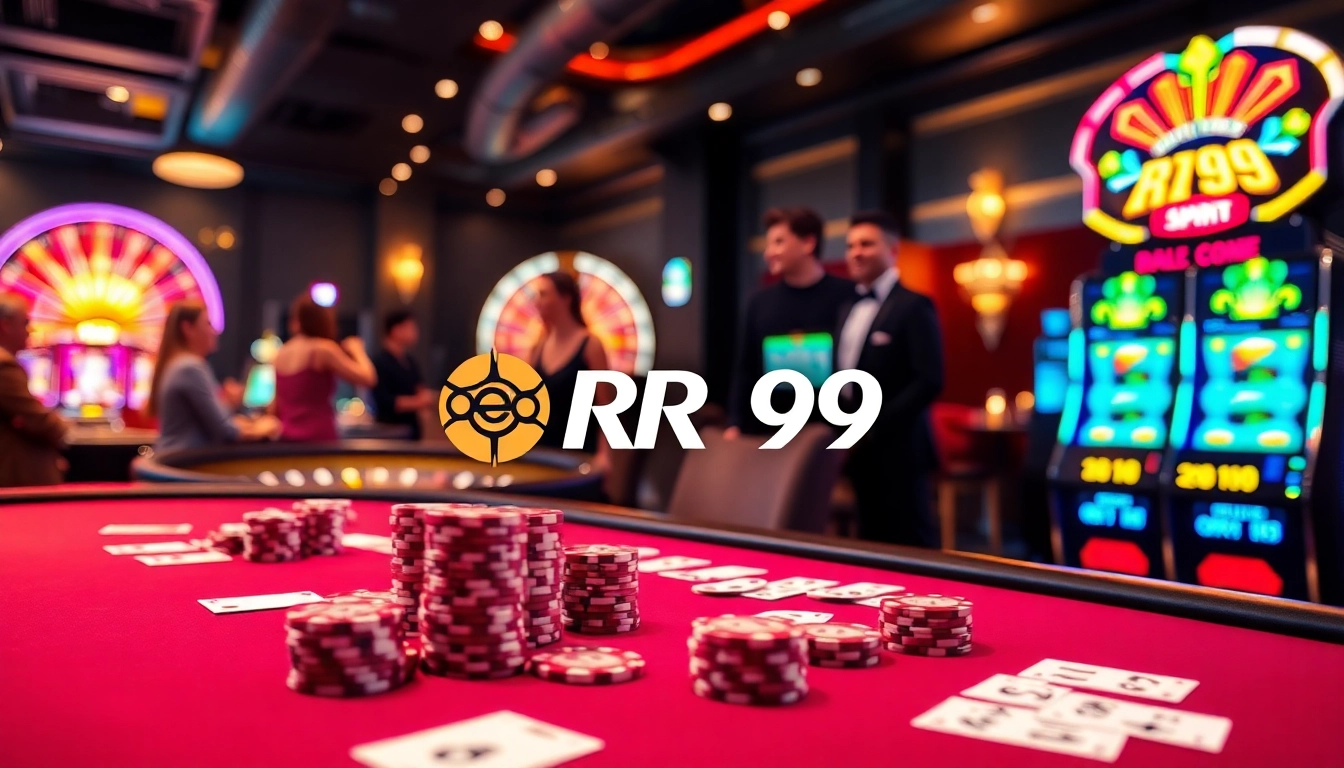 Experience the excitement of RR99 at a luxurious poker table surrounded by vibrant casino elements.