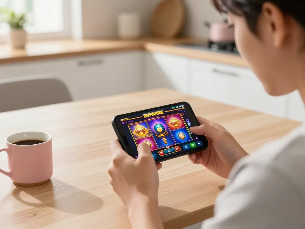 Engaging mobile gameplay with slot gacor app on smartphone, home setting, player focused on winning.