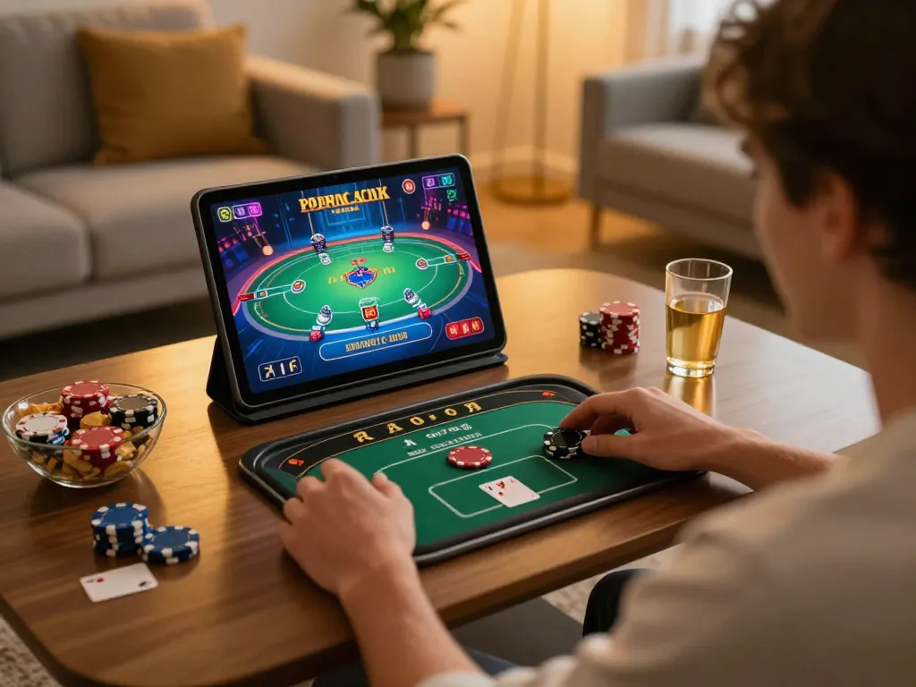 Engaging with qq88 poker game on a tablet at a modern home setup with cozy atmosphere.