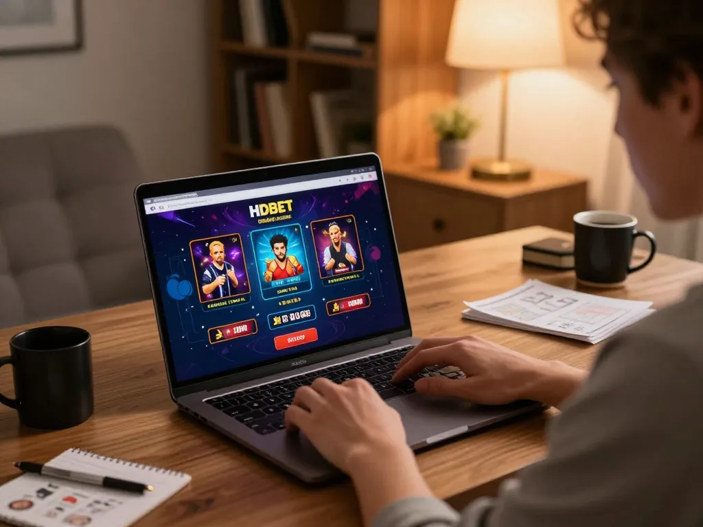 Player enjoying online gaming at home with HDBET casino interface visible on laptop