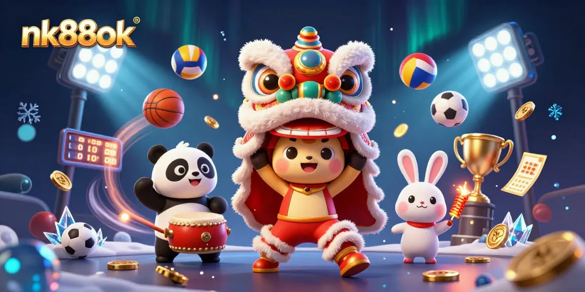 Experience the excitement of nk88ok with a vibrant casino scene featuring animated lion dancers and dynamic sports elements.