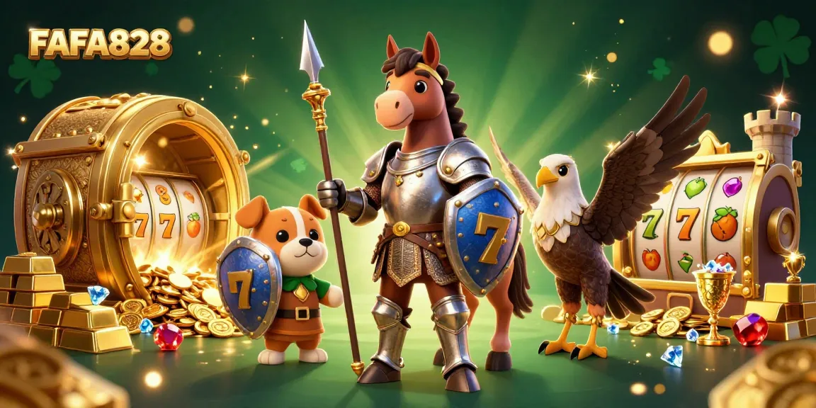 Win big at FAFA828 with exciting slot reels and golden treasure in an enchanting casino scene.
