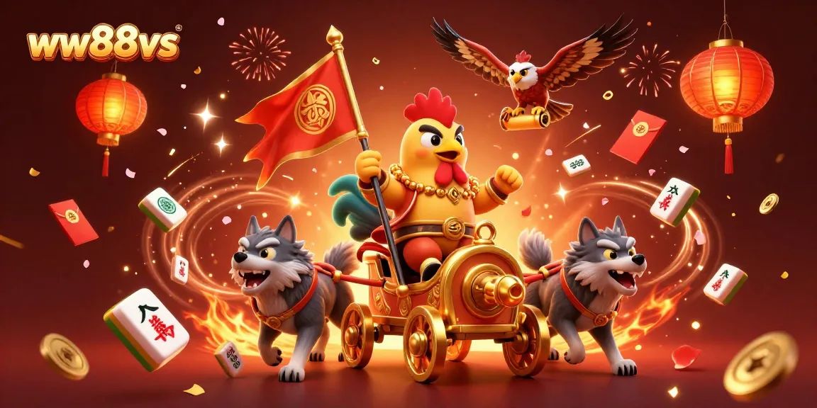 Engage in thrilling gameplay at ww88vs with a vibrant 3D illustration of a rooster warlord and dynamic casino elements.