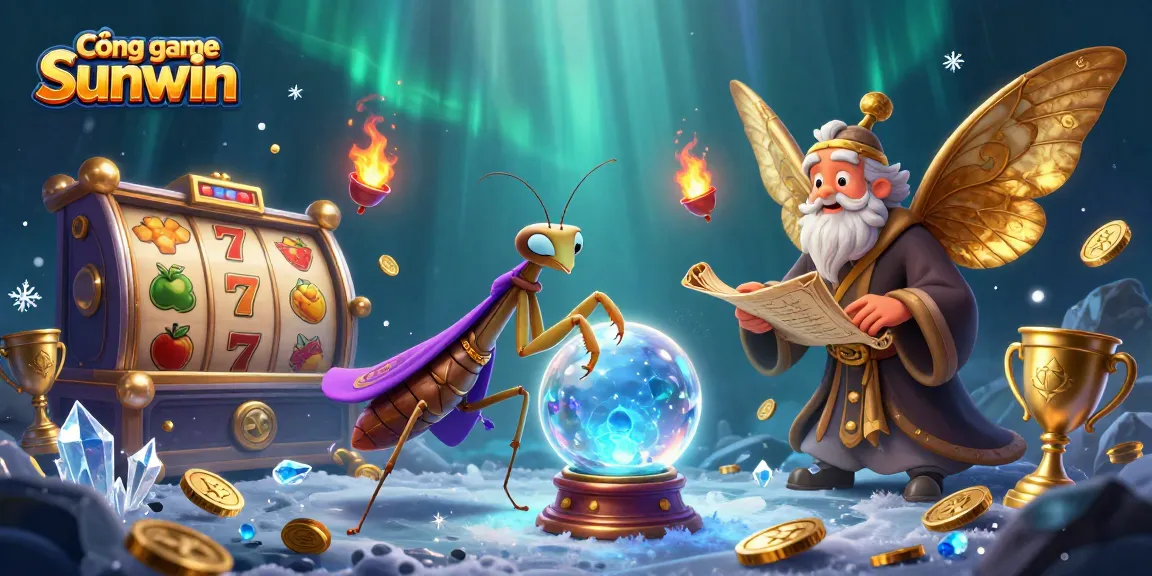 Cổng game Sunwin features a vibrant 3D casino scene with a fortune teller and ancient scrolls, set for players seeking big wins.