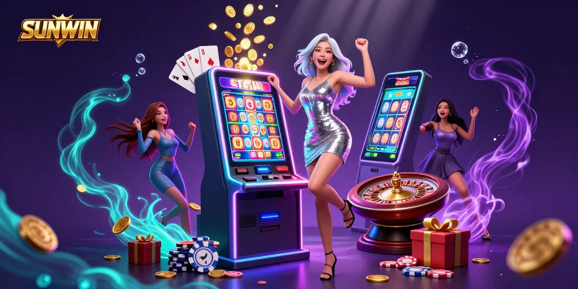 SUNWIN celebrates a jackpot victory with an excited player surrounded by dynamic casino elements.