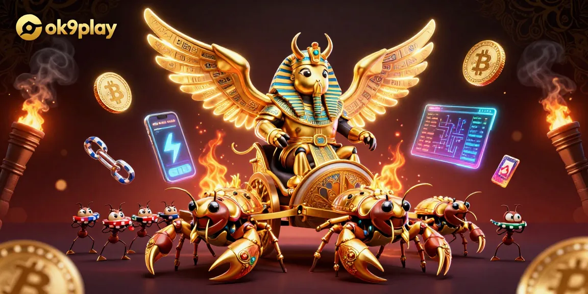 Explore ok9play's fantasy world with a dazzling chariot chase featuring gambling treasures and vibrant energy.