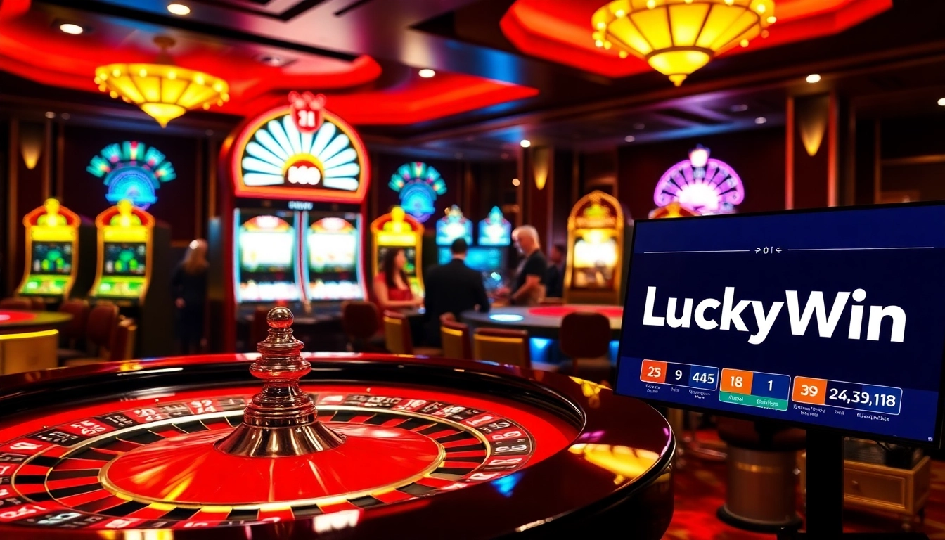 Experience the excitement of LuckyWin at a luxurious casino table with vibrant slot machines.