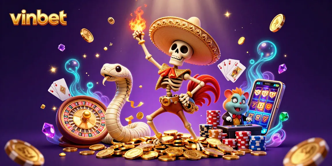Experience vinbet's thrilling casino scene with animated characters celebrating on golden coins.