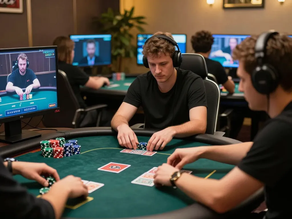 SKY88 players engaging in a thrilling online poker game strategy at their home setup.