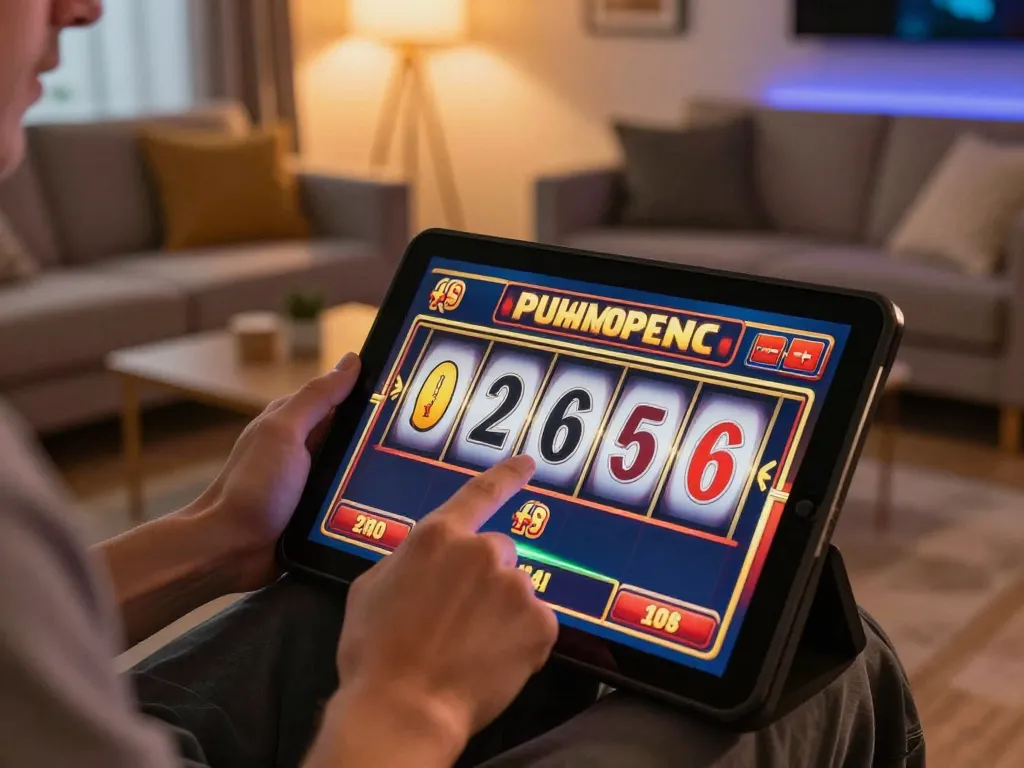 Engaged player spinning reels in online slot game at home, showcasing 78wintl excitement.