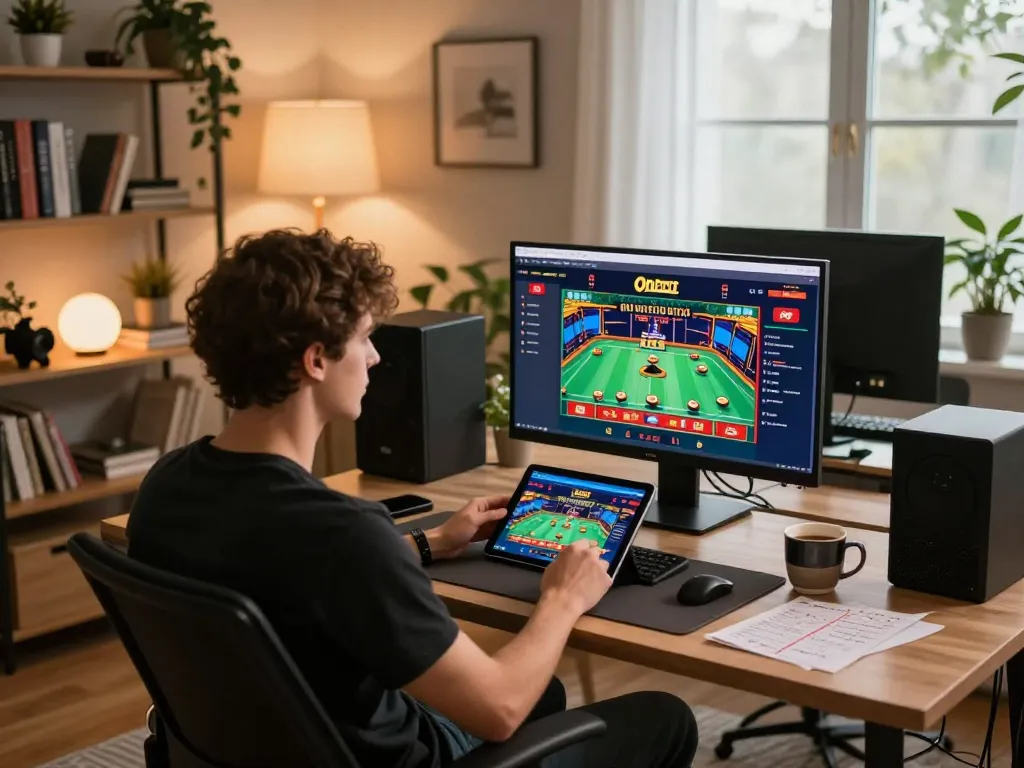 Engaging with the Onbet app in a cozy home environment, focused and strategic online gaming session.