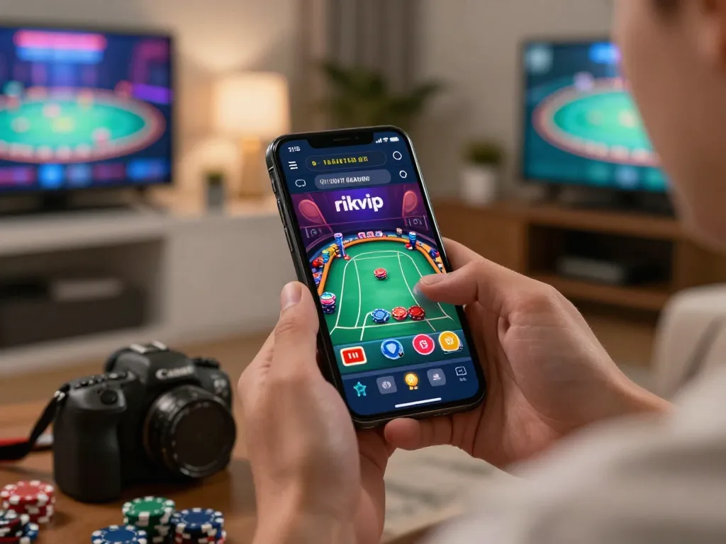 Players engage with rikvip app on smartphone during an online poker game, creating an inviting gambling experience.