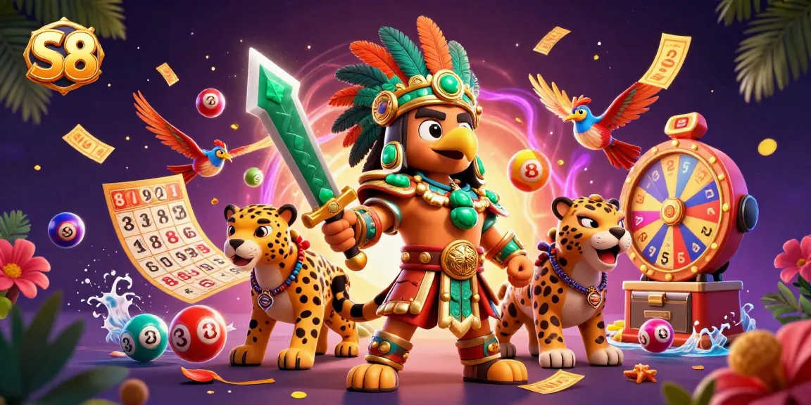 Spin to win with S8 as vibrant lottery balls and warriors create a lively casino scene.