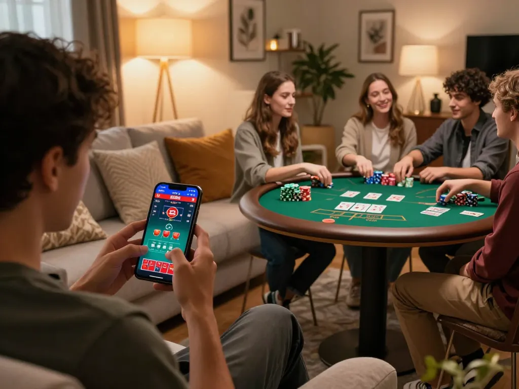 SX88 online gaming session showing user engaged in live blackjack on smartphone amidst a cozy home atmosphere.