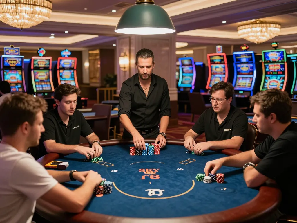 Engaged players at SKY88 table, strategically betting in high-stakes poker game.