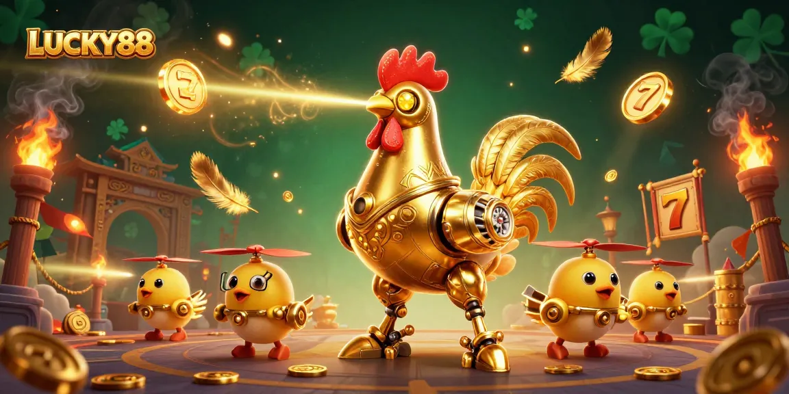 Experience exciting gameplay with LUCKY88's vibrant 3D casino scene featuring a dynamic rooster robot and baby chick drones.