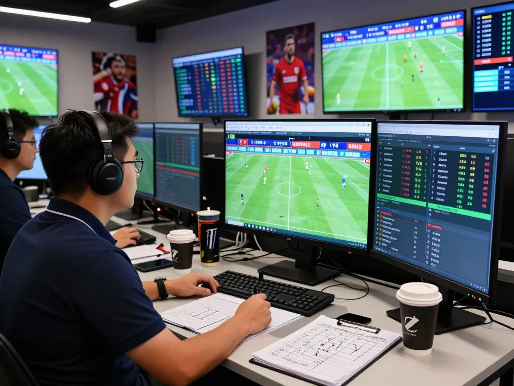 Football betting analysis room showcasing dynamic tỷ lệ kèo bóng đá with analysts and data screens.