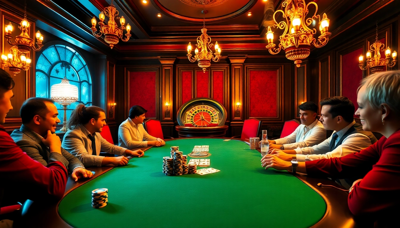Engage with vv jl at a high-stakes poker table with players, chips, and cards in a lavish casino setting.