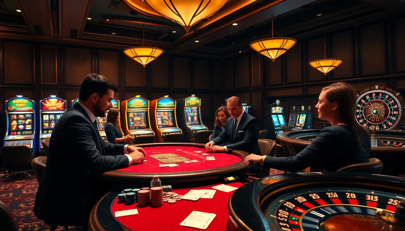 Experience nohu excitement at a vibrant casino with poker tables and roulette wheels.
