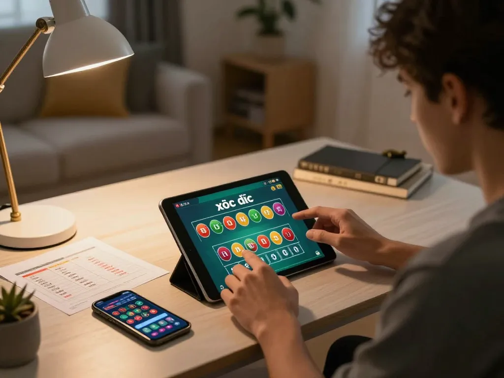 xóc đĩa online gameplay on a tablet in a cozy home office environment
