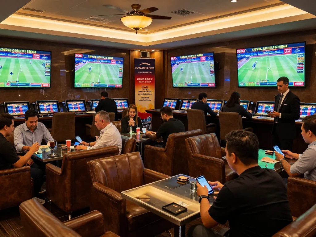 Tỷ lệ kèo nhà cái hôm nay displayed on large screens at a bustling sports betting lounge.