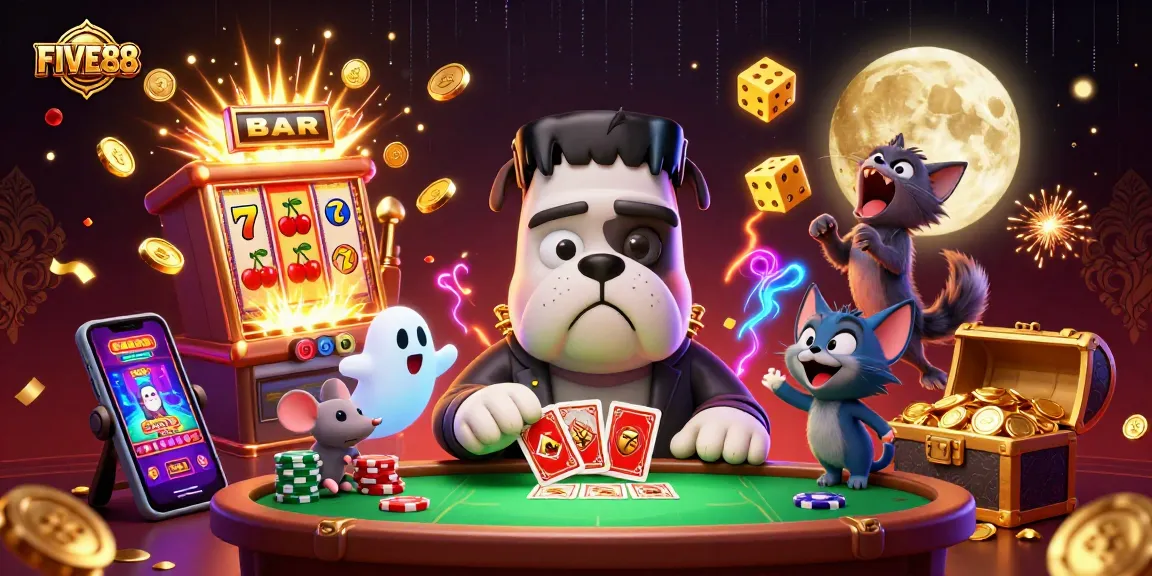 Experience thrilling gameplay at FIVE88 with a lively casino scene featuring animated characters and dynamic game elements.