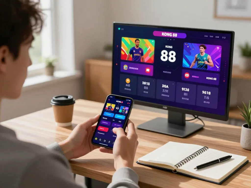 KONG 88 live betting scene featuring smartphone with colorful odds in a modern home office.
