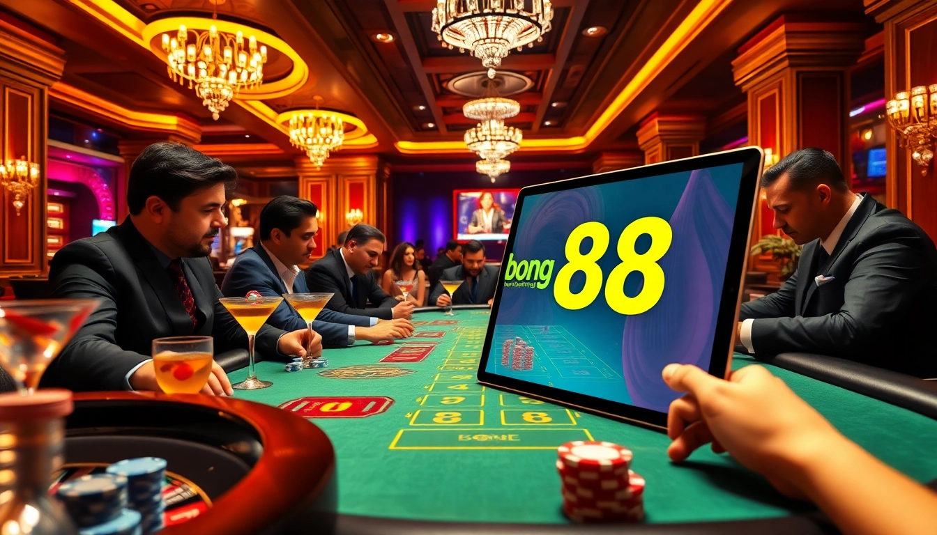 Engaging gambling action at bong 88 casino with a luxurious poker atmosphere and digital interface.