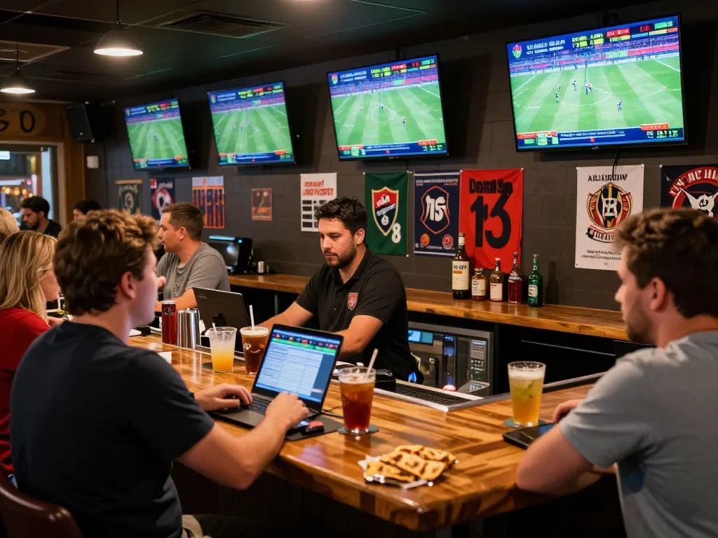 Bongdallu sports betting scene with excitement, patrons engaging in live betting during soccer events.