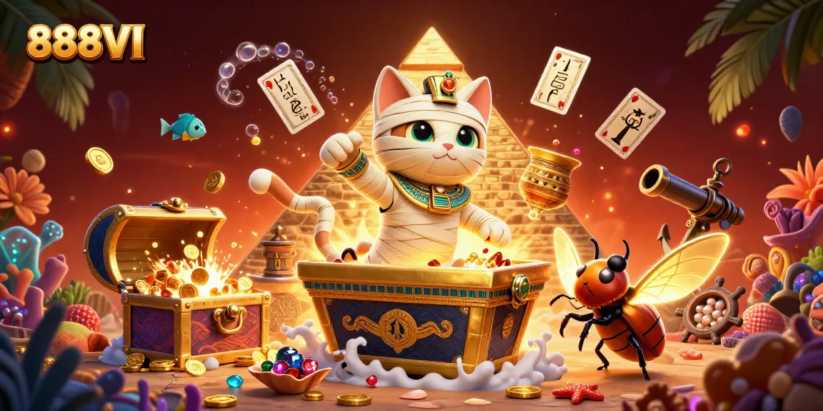Experience the exciting world of 888VI with a mummy cat and glowing scarab in a vibrant casino scene.