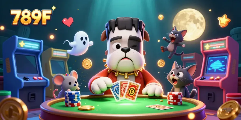 Engage with thrilling card games at 789F's vibrant casino filled with animated characters and colorful elements.