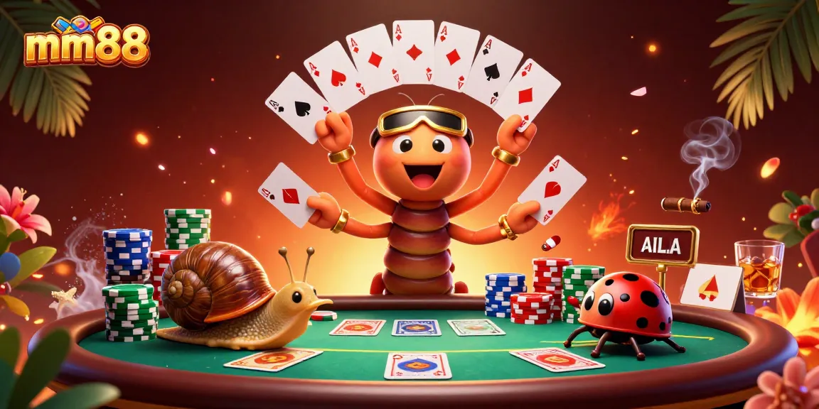 Play at mm88 with a vibrant scene featuring an animated dealer, epic poker action, and exciting gameplay.