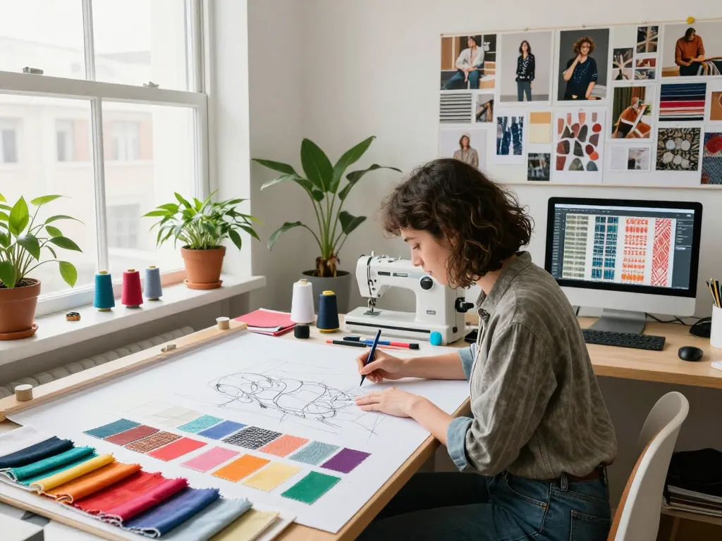 Designer at work in sunwin textile studio, sketching innovative patterns and surrounded by vibrant fabric swatches.