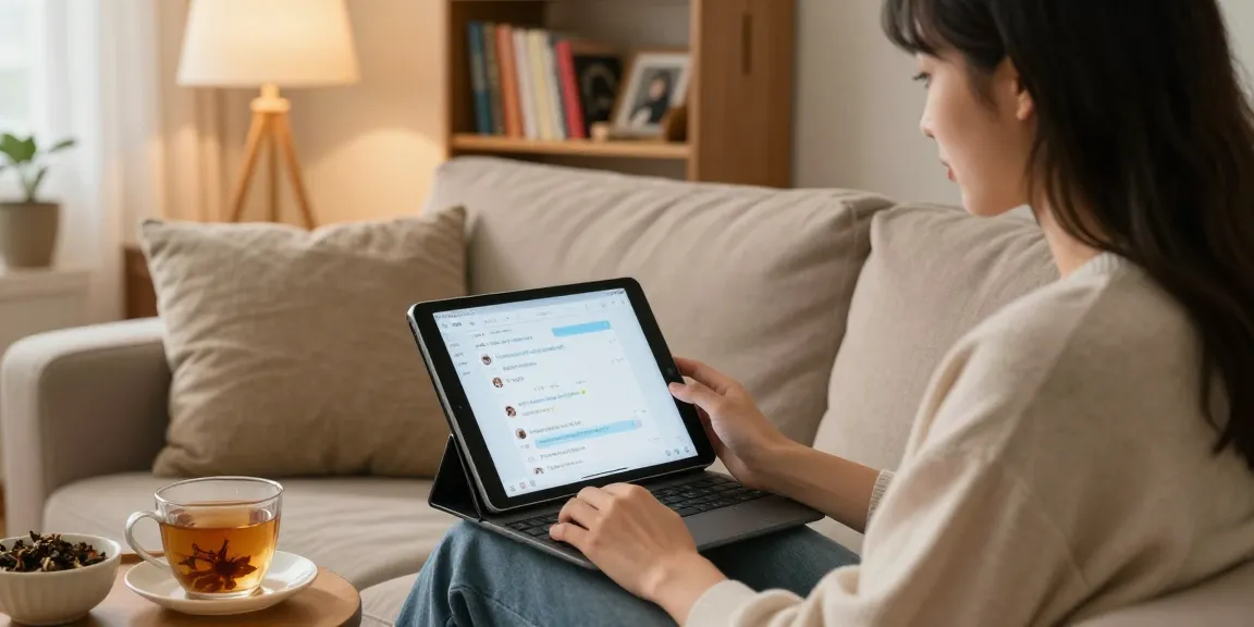 A person chatting with their AI girlfriend in a cozy living room, highlighting personal connection and technology.