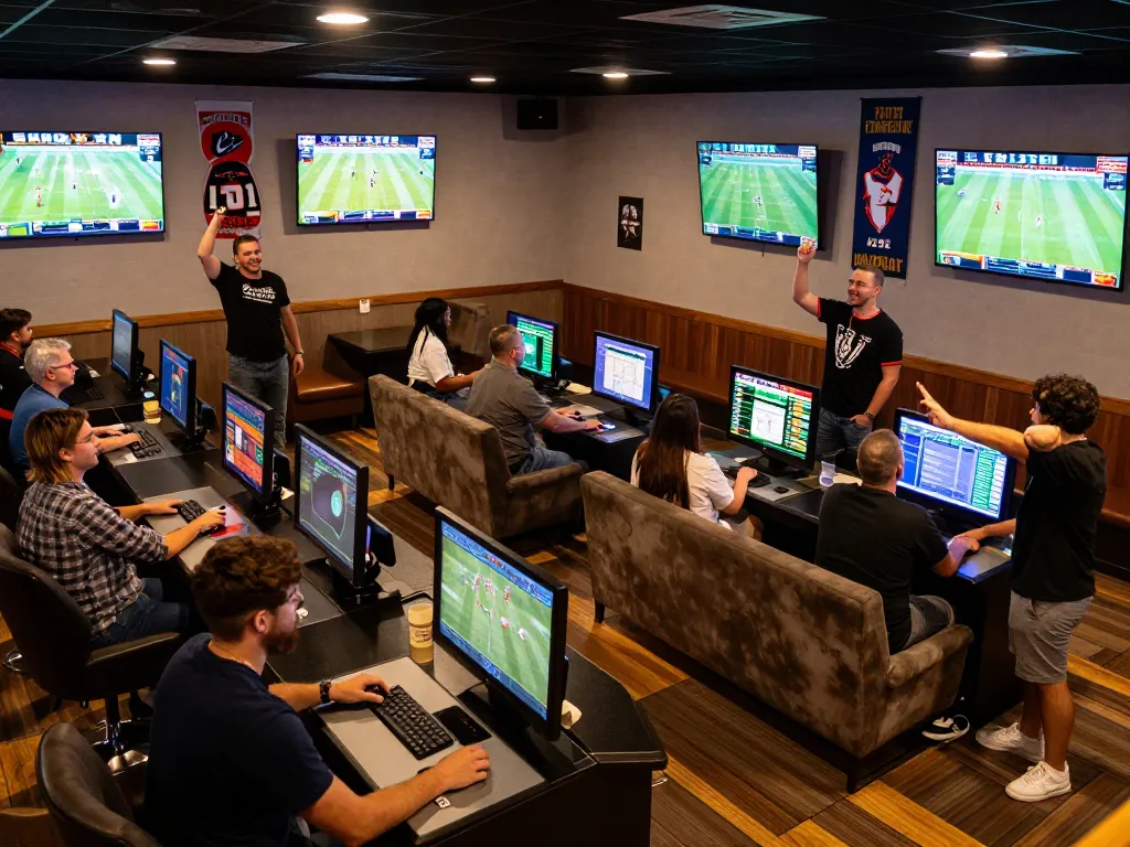 Enthusiastic patrons placing bets at a sports betting lounge with screens showcasing 92slot com