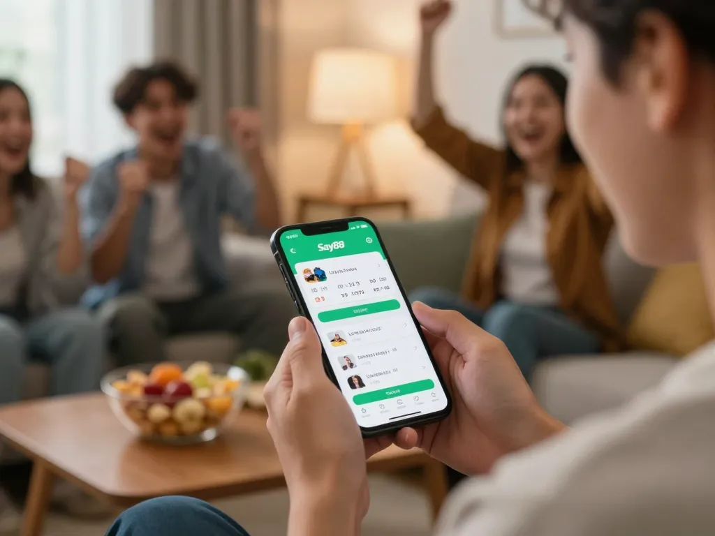 Betting excitement on Say88 app in cozy living room setting with friends cheering.