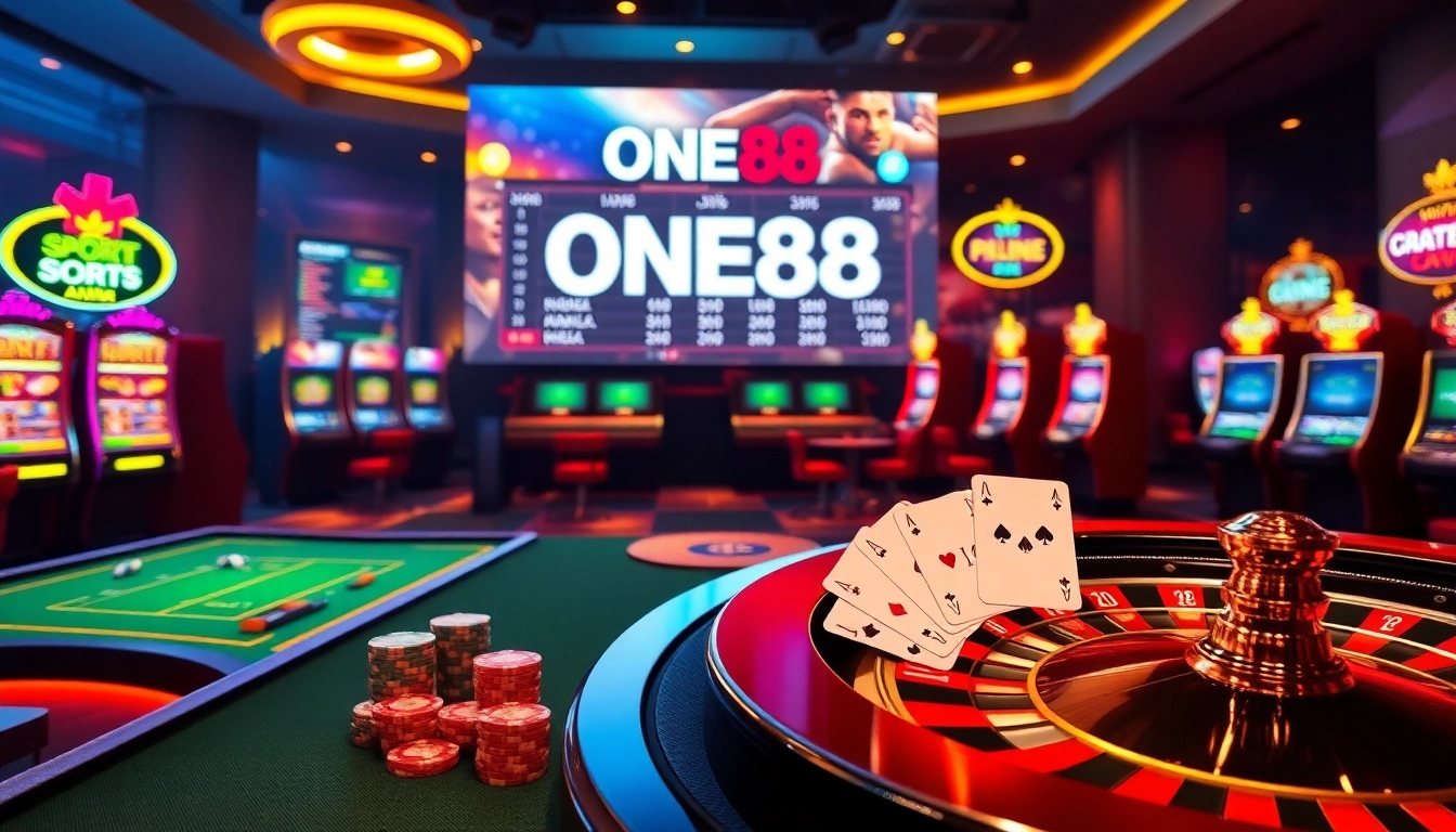 ONE88 delivers excitement with dynamic online gambling visuals, featuring vibrant casino tables, poker chips, and betting slips.