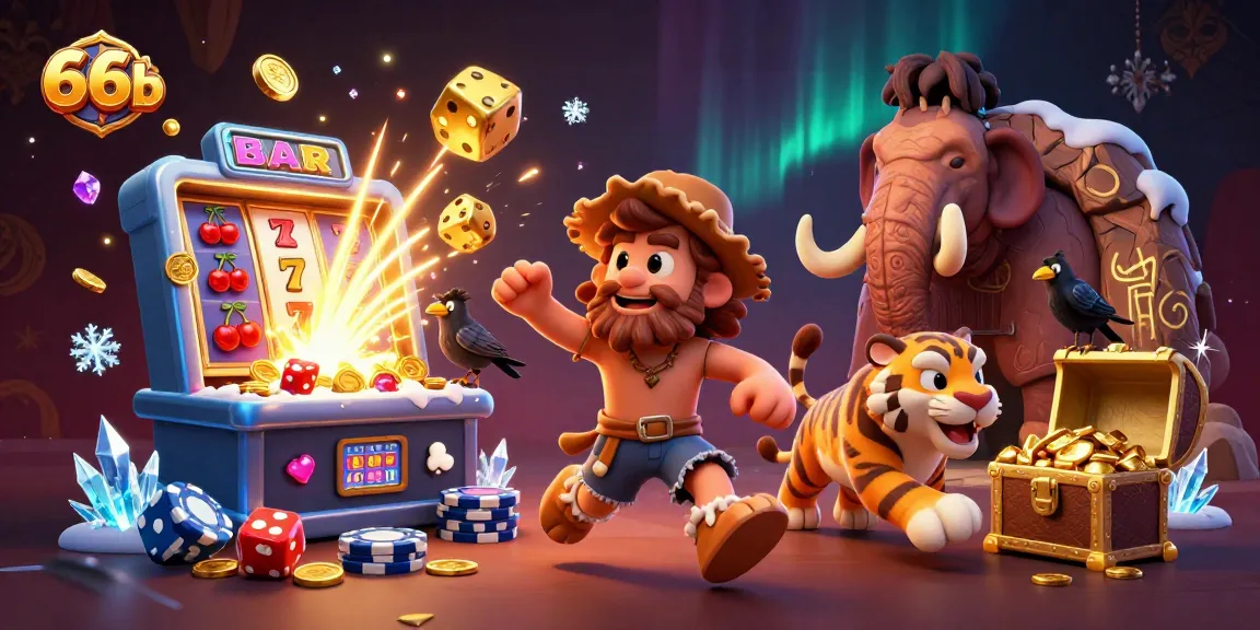 Join the action at 66b's dynamic prehistoric casino featuring playful characters and exciting game elements.