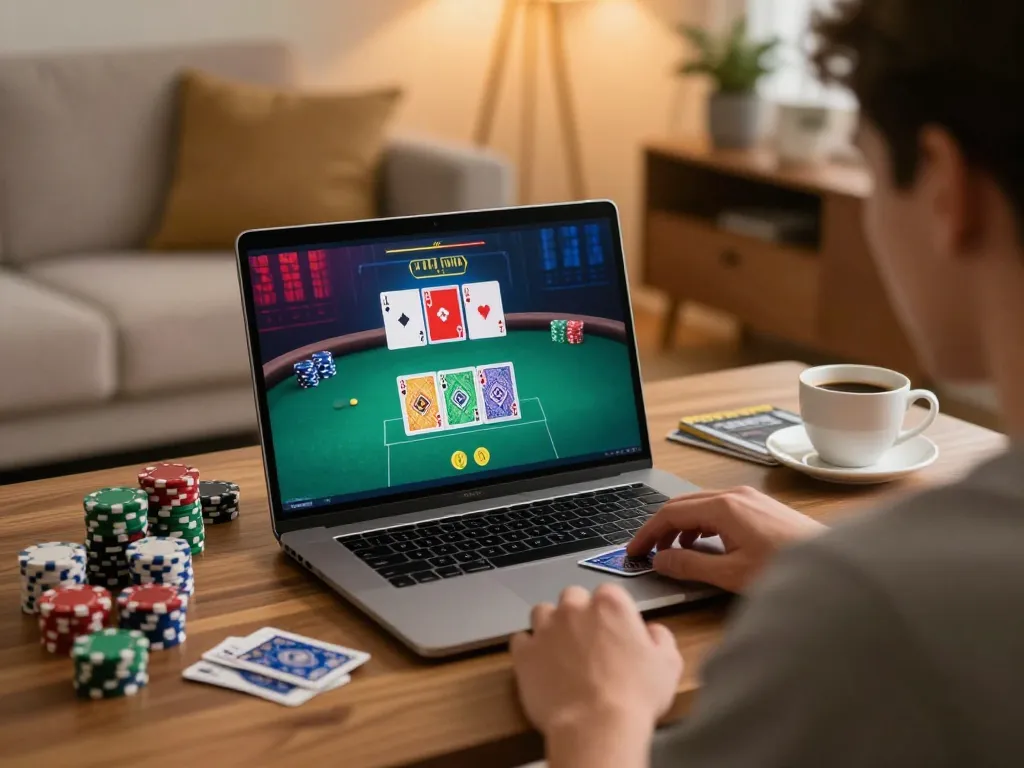 SAY88 player focusing on online poker game from a cozy home setup with strategy notes.