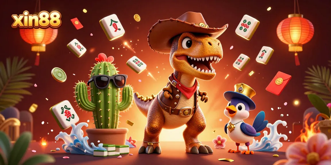 Experience the thrill of xin88 online casino with this vibrant scene featuring a T-Rex and friends.