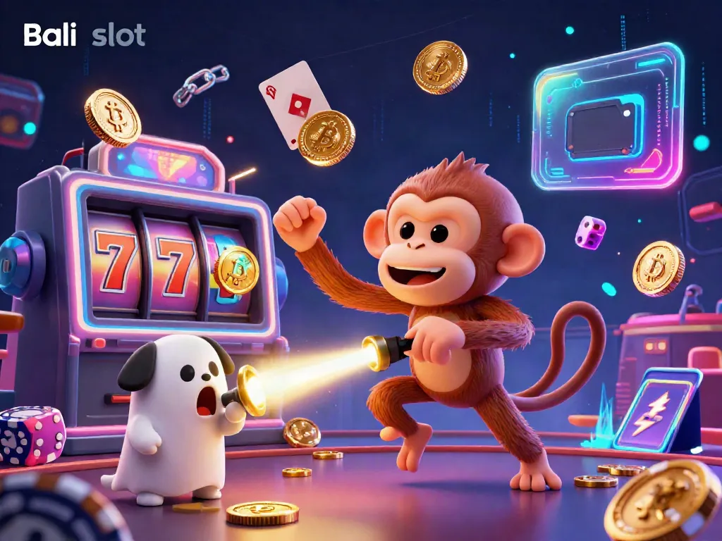 Bali slot themed gaming scene with a mischievous poltergeist monkey juggling coins in a vibrant casino.
