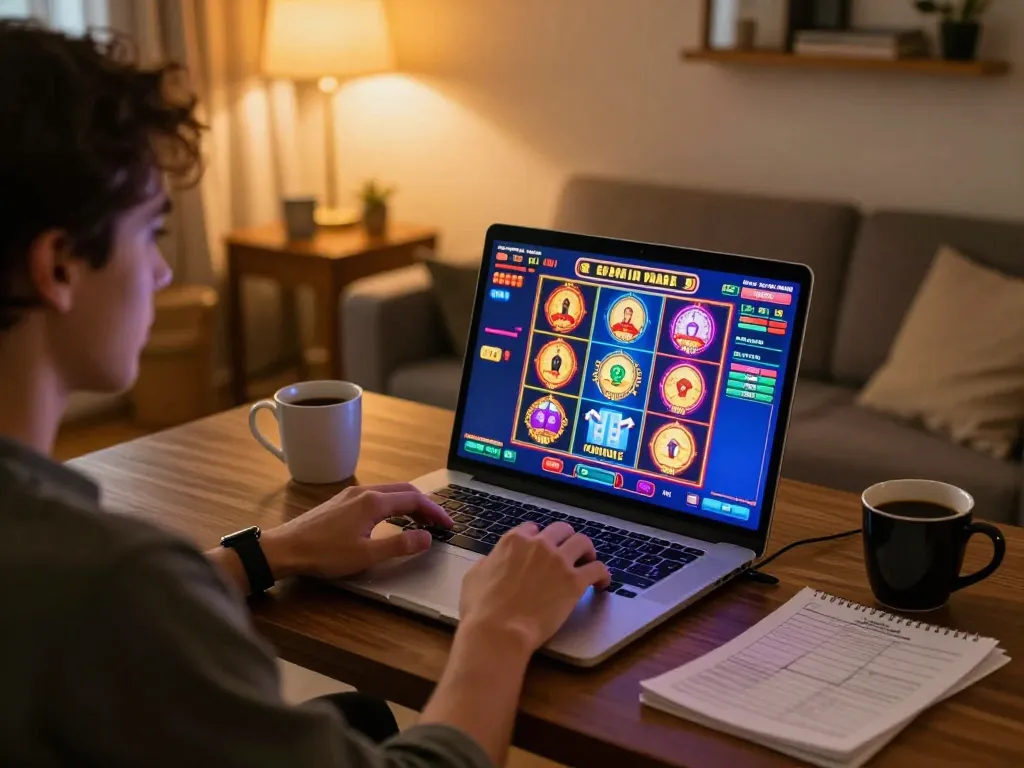Player engaging with SC88 online casino on laptop, showcasing exciting slot game interface.