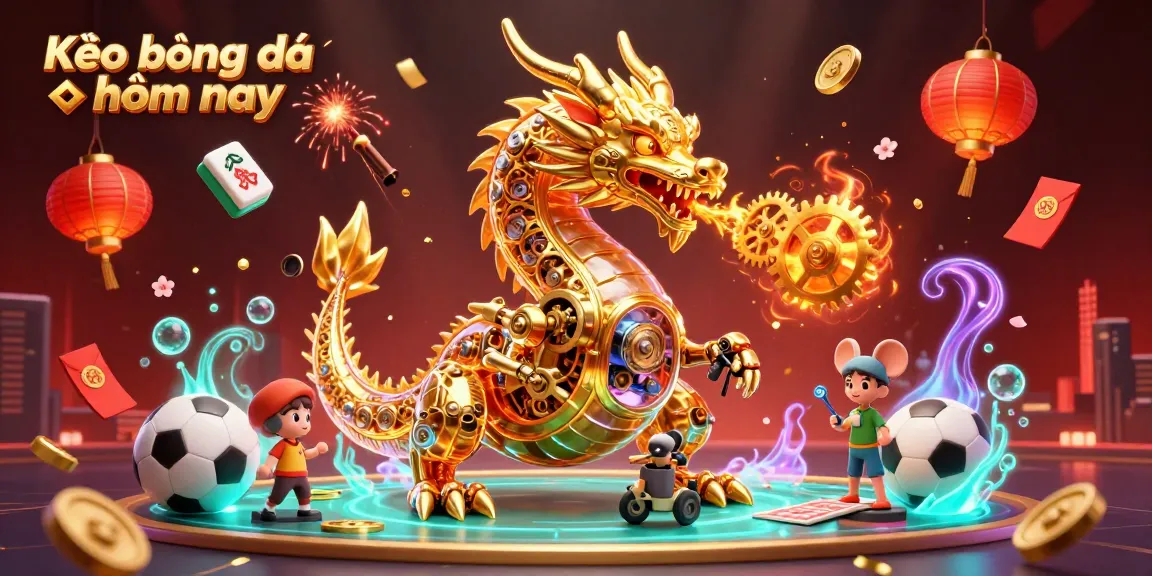 Engage in Kèo bóng đá hôm nay with a vibrant, detailed illustration featuring a golden dragon and sports betting elements.