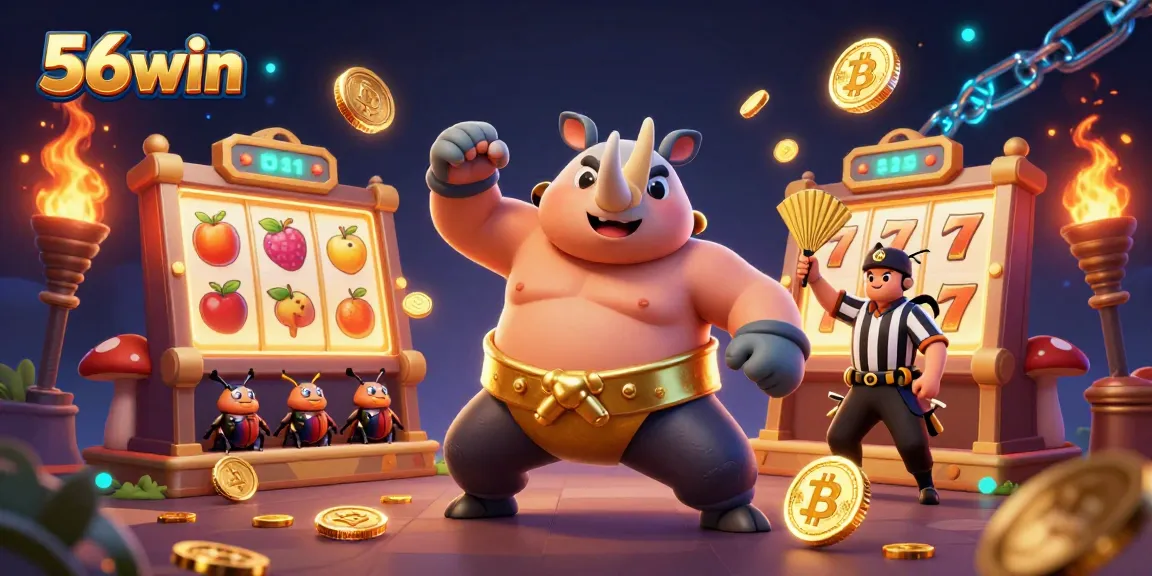 Experience the thrilling action of 56win with a cartoon beetle champion and vibrant slot game elements.