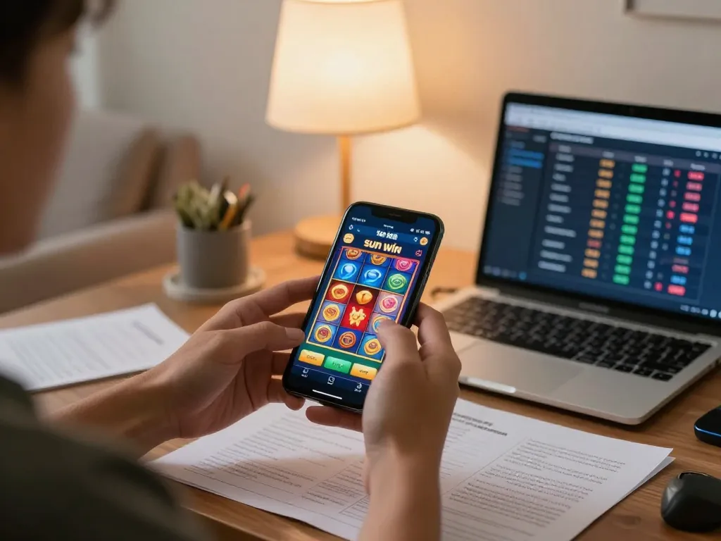 Engaging in online casino gameplay with the tải sun win app, showcasing smartphone display of colorful slots.